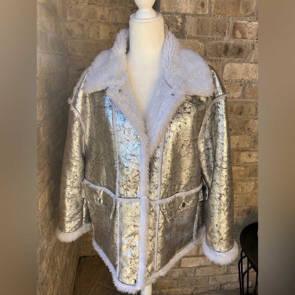 Silver Faux-Shearling Jacket with White Trim - Picture 4 of 7